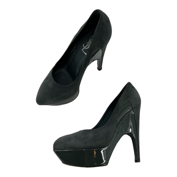 YVES SAINT LAURENT SUEDE AND PATENT LEATHER PLATFORM PUMPS Gray/Green 36 US 6 - Picture 14 of 16